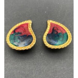 Vintage 80's Gold Tone And Multi Colored Enamel Tear Drop Clip On Earrings